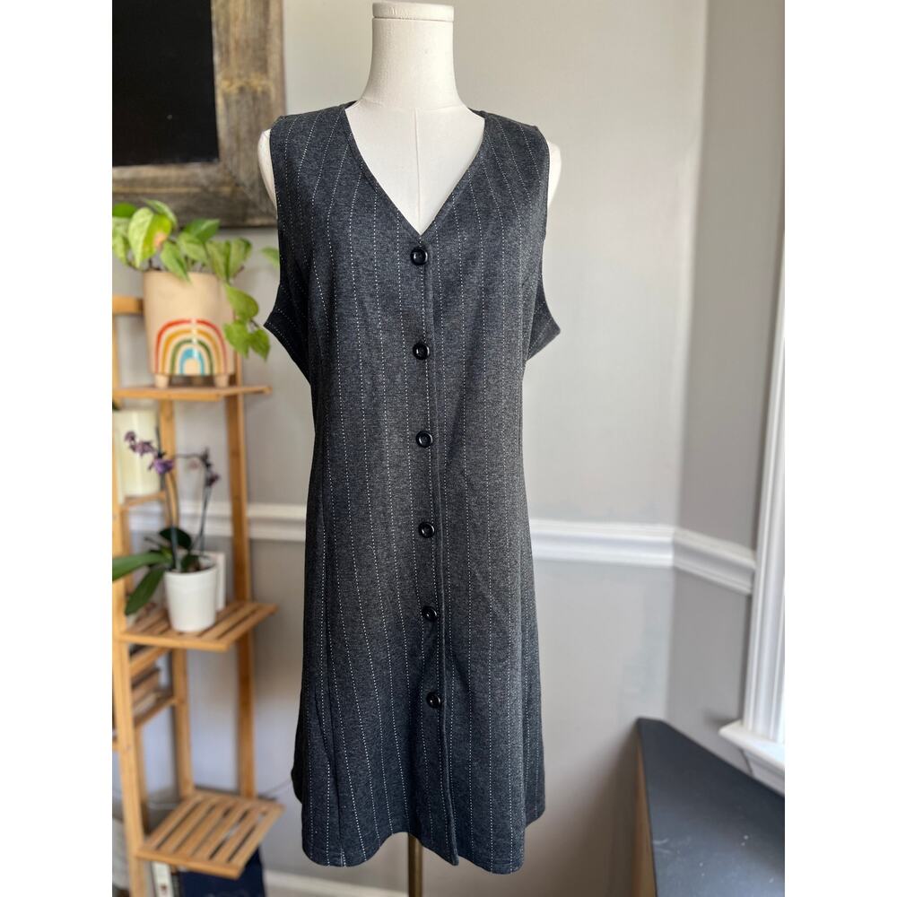 Vintage 90s Gray Button Front Dress Sleeveless Striped Size XL